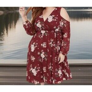 Torrid Burgundy Floral Cold Shoulder Faux Wrap Long Sleeve Dress. Size 00